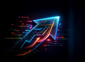 Fototapete - Vibrant neon blue arrow ascends on a dark backdrop.  Streaks of digital light in orange and blue trail, implying advancement and positive direction.