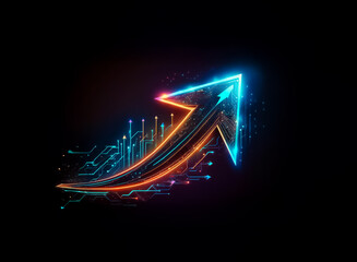 Aufkleber - A vibrant neon arrow, outlined in blue and orange, ascends diagonally against a stark black backdrop, featuring circuit board elements.