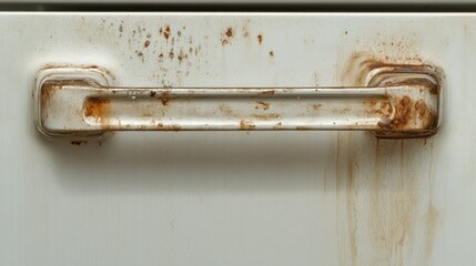 A grimy refrigerator handle with visible dirt and smudges.