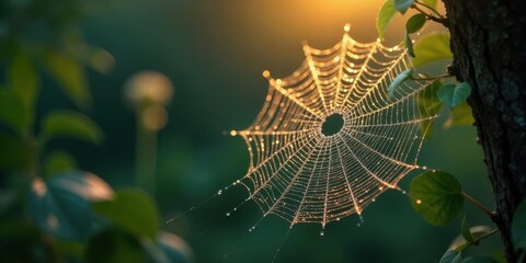 Golden Dewdrops Adorn a Spiderweb at Dawn, a Delicate Tapestry Woven Amongst Lush Greenery