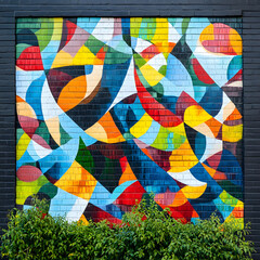 Poster - Geometric Street Art: A vibrant, abstract mural bursts with color and geometric patterns against a textured brick wall, creating an urban aesthetic.