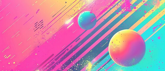 Wall Mural - Vibrant retro 80s and 90s inspired abstract background banner featuring a bold noisy gradient, neon hues, and playful Memphis-style shapes