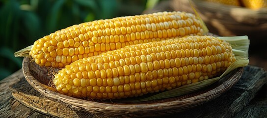 Wall Mural - Sweetcorn cobs, rustic bowl, farm background, summer harvest