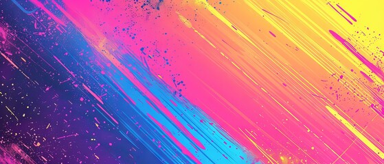 Wall Mural - Vibrant retro 80s and 90s inspired abstract background banner featuring a bold noisy gradient, neon hues, and playful Memphis-style shapes