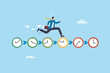 © Nuthawut - Deadline urgency, timer clock countdown, pressure to finish work within time limit, due date or timing to complete responsibility concept, businessman hurry running on time counting down deadline.