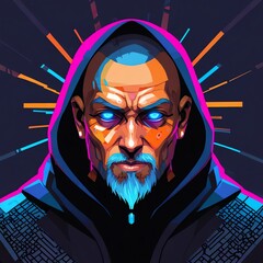 Wall Mural - Cyberpunk Mystic: Neon Glowing Portrait of a Hooded Figure