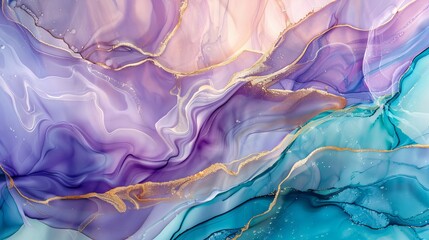 Wall Mural - Natural-luxury abstract fluid art painting in alcohol ink technique with free-flowing translucent hues, snaking metallic swirls, and foamy bursts of vibrant color