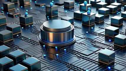 Fototapete - Exploring futuristic technology with intricate circuit patterns and shimmering elements in a digital landscape. Generative AI