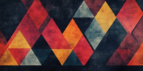 Fototapete - Abstract backdrop featuring colorful triangles in shades of red, yellow, blue, and black on a textured surface, arranged in a dynamic pattern.