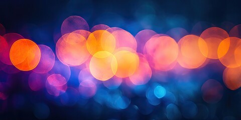 Poster - Vibrant bokeh lights in shades of blue, orange, and purple create a mesmerizing lens flare effect against a dark background, soft focus blur.
