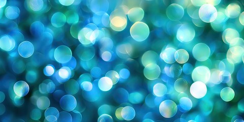 Fototapete - Colorful blurred bokeh background in shades of blue and green featuring circular light patterns with a soft focus effect throughout the image.