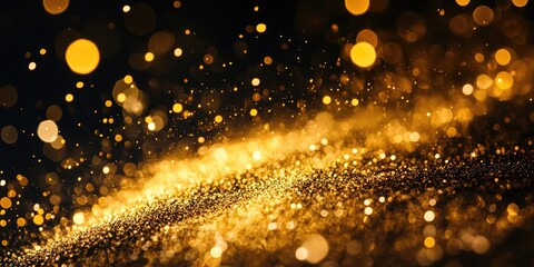 Poster - Golden shimmering powder particles scattered on a blurred black background creating a festive bokeh effect perfect for holiday celebrations.