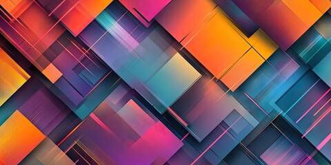Poster - Vibrant geometric abstraction featuring layered squares in shades of pink, orange, blue, and purple creating a dynamic modern background.