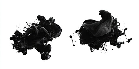 Poster - Dynamic composition of black ink drops splattered on a pristine white background with bold dark shapes on left and lighter swirls on right side.