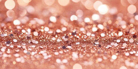 Poster - Close-up of shimmering rose gold glitter texture with sparkling sequins in soft focus, warm tones and circular bokeh effects enhance the festive vibe.