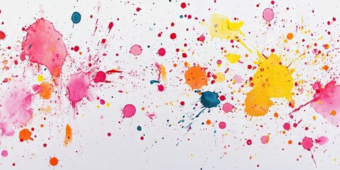Poster - Vibrant background with scattered pink orange yellow and blue paint splatters on a white canvas creating a lively artistic atmosphere for presentations