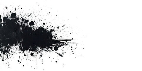 Poster - Abstract black ink splash on a white background with scattered paint droplets and streaks on the left side creating a bold artistic effect.