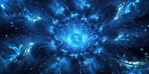 Fototapete - Blue abstract vortex swirling with glowing particles, dark background, featuring luminous waves emanating from center creating depth and movement.