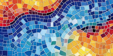 Poster - Colorful abstract mosaic pattern with waves in vibrant reds blues and yellows over a square backdrop providing ample copy space for text