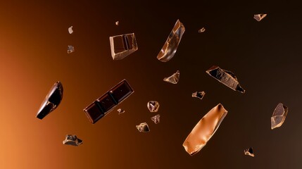 Poster - Close up of chocolate pieces flying through the air. Scene is playful and whimsical, as if the chocolate is alive and dancing in the air