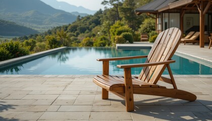 Wall Mural - A beautifully crafted wooden lounge chair with a smooth painted finish, positioned in front of a serene pool beside a house, surrounded by breathtaking natural scenery