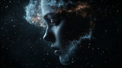 Wall Mural - a cinematic photograph of the face of an woman, made of stardust, floating in space with stars and g