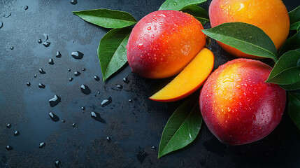 Richly colored fresh mango fruits on a dark background with droplets of water glistening on their surface