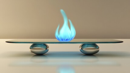 Wall Mural - Blue flame atop glass table, minimalist studio, calm background, energy concept