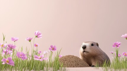 Wall Mural - Groundhog peeking with from burrow near cosmos flowers.