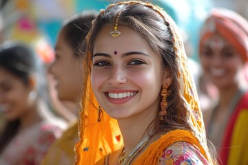 Beautiful indian woman smiling and wearing traditional clothing and jewelry