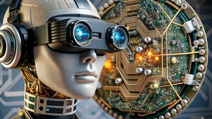 Poster - Exploring the future of technology with a robotic figure wearing advanced virtual reality goggles in a digital setting. Generative AI