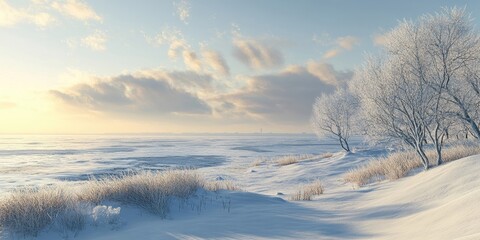 Wall Mural - Winter coastal landscape with soft golden light reflecting on snow-covered waves and frosted trees against a tranquil blue sky.