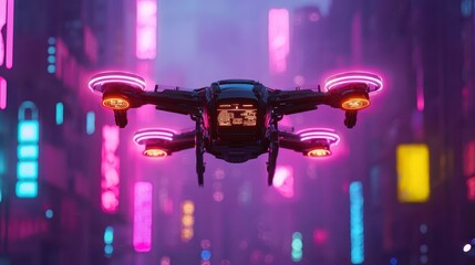 Poster - VTOL aircraft concept. A futuristic drone hovers in a vibrant, neon-lit cityscape, surrounded by colorful lights and a misty ambiance.