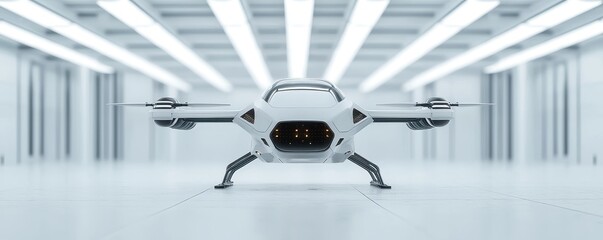 Poster - VTOL aircraft concept. A sleek, modern drone is positioned in a minimalist, well-lit environment, showcasing its advanced design and technology.