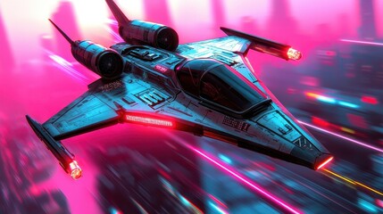 Poster - VTOL aircraft concept. A futuristic spacecraft glides through a vibrant, neon-lit cityscape, showcasing sleek design and dynamic motion.