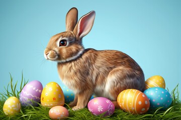 Wall Mural - there is a rabbit sitting among easter eggs on the grass