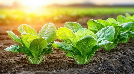 Poster - Freshly Planted Vegetable Seedlings Thriving in Lush Green Farm Field