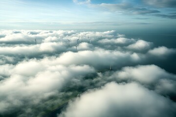 Wall Mural - Aerial view Coastal wind farm above clouds