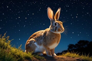 Wall Mural - there is a rabbit that is sitting on a hill at night