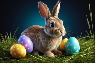 Wall Mural - there is a rabbit sitting next to some easter eggs on the grass