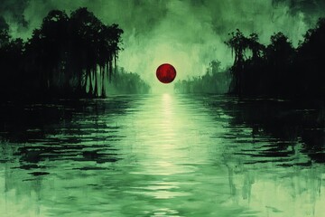Wall Mural - Red Sun over a Green - tinted River