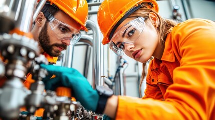 Poster - Industrial Workers Collaborating on Factory Floor Using Tools and Machinery