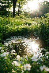 Wall Mural - Lily pond reflecting sun through green trees and flowers in a peaceful park use nature