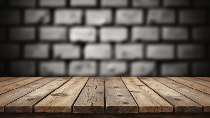 Aufkleber - Old wood table with blurred concrete block wall in dark room background