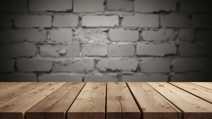 Aufkleber - Old wood table with blurred concrete block wall in dark room background