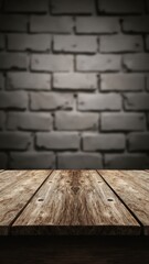 Aufkleber - Old wood table with blurred concrete block wall in dark room background