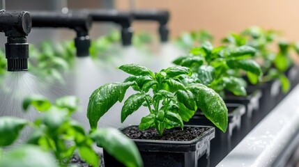 Poster - Vibrant Green Plants Growing in Hydroponic Garden with Watering Sprinkler System