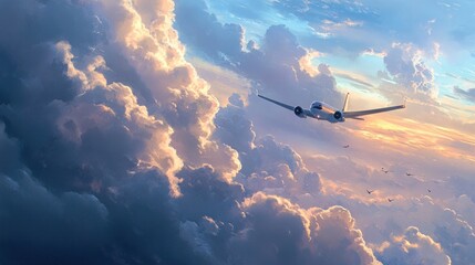 Canvas Print - Golden Hour Flight: Airplane Soaring Above Majestic Clouds