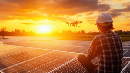 Poster - Drone Surveying Solar Farm During Sunrise Sunset Landscape
