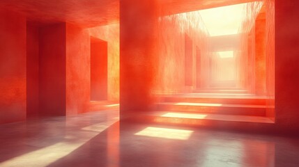 Poster - Bright Red Abstract Architectural Space with Soft Lighting Effects
